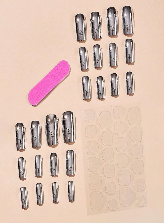 CTTHNBD Silver Press on Nails Square - Medium Fake Nails with Chrome Design - Solid Color Full Cover Stick on False Nails - for Women 24 Pcs - Image 3